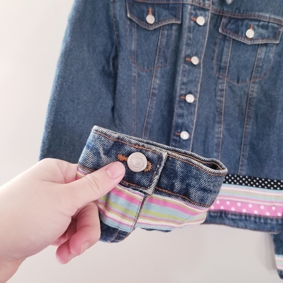 Vintage 90's Denim Jacket With Colourful Ribbon Details Size Medium Cotton - Picture 6 of 8